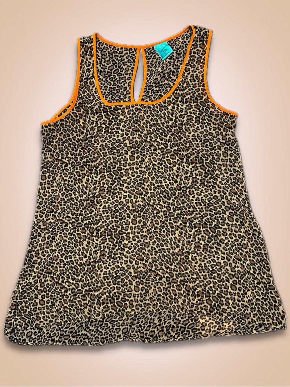 H.I.P. Sheer High Low Flowy Cheetah Print Tank Top with Orange Trim